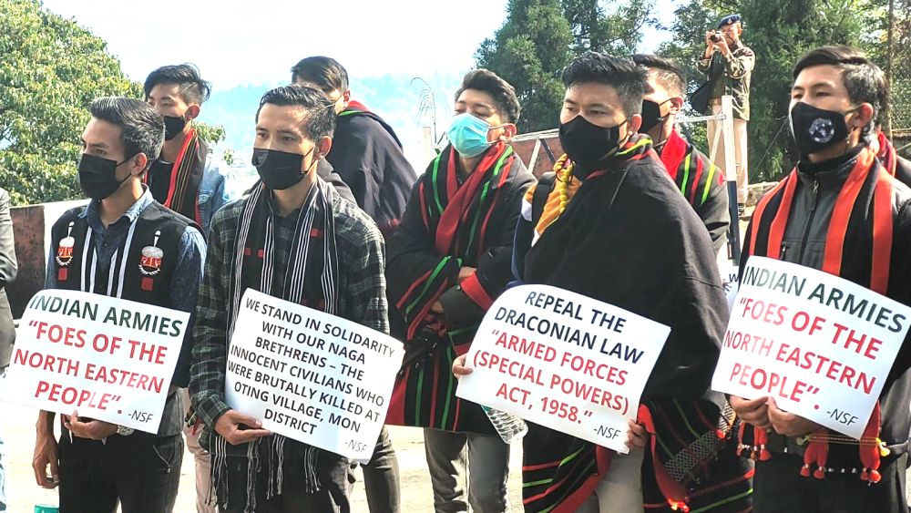 Students participate in the staged sit-in dharna called by Naga Students’ Federation (NSF) under the aegis of North East Students’ Organization (NESO) at Raj Bhavan area in protest against the imposition of AFSPA in North Eastern states on December 9. (Morung Photo)